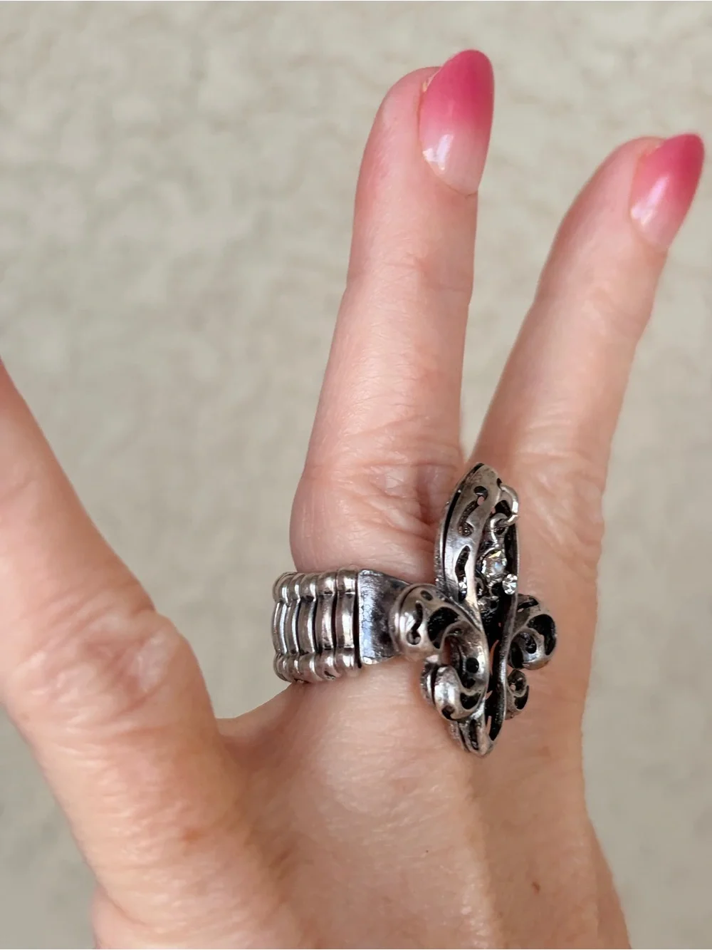 Fleur-de-Lis Silver Tone Statement Ring with Clear Dangling Stones
